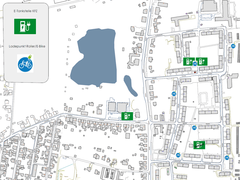 Lageplan mit Standorten von E-Tankstellen und Ladepunkten für E-Roller